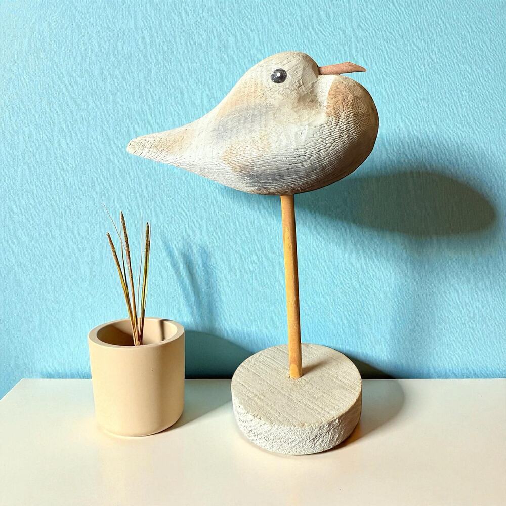 Hand Carved Wooden Shore Bird on Pedestal